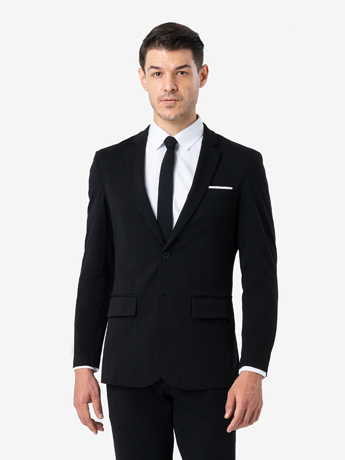 black suit black shirt